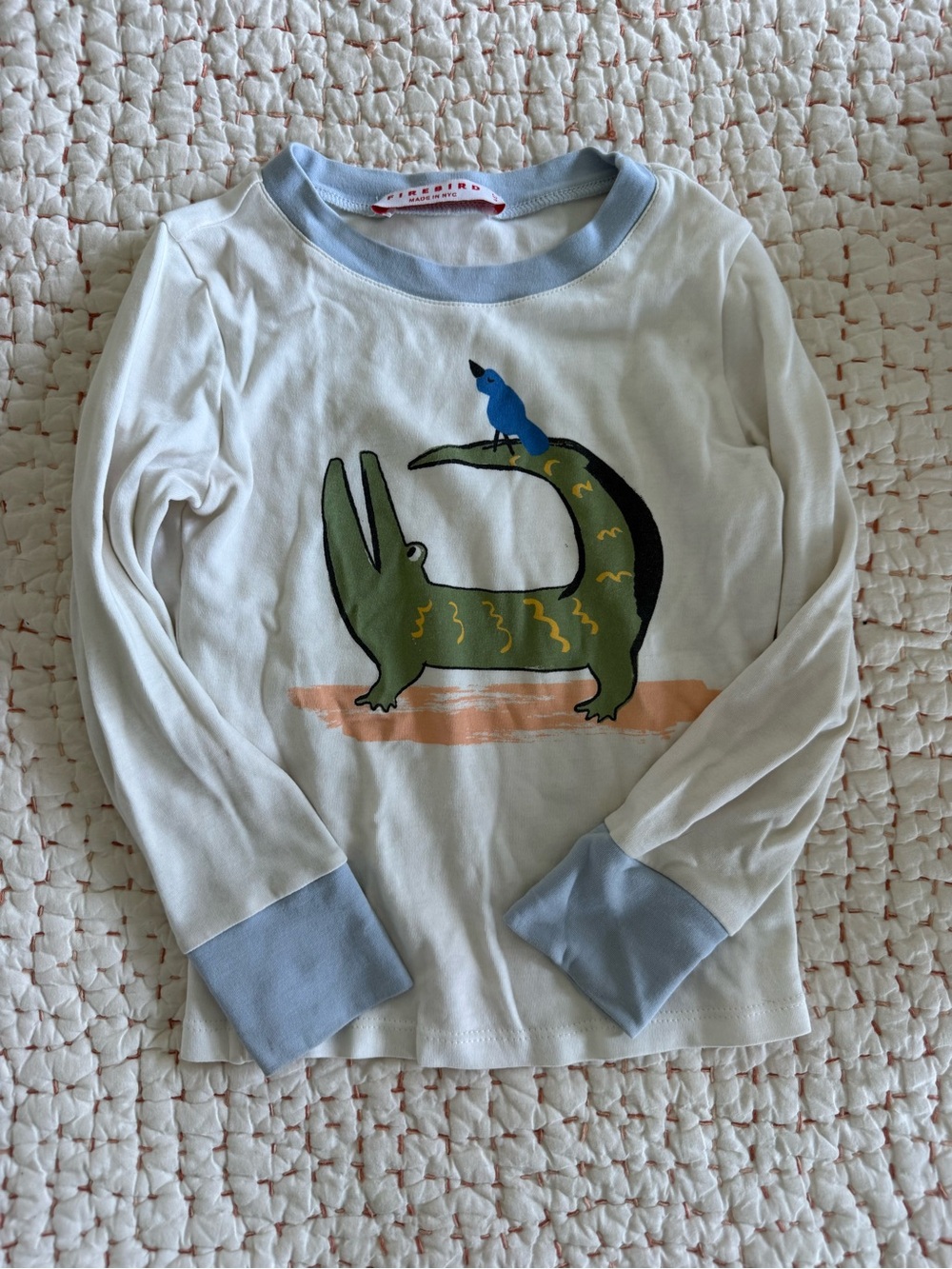Kids White Long-Sleeve Tee with Green Crocodile & Blue Bird Graphic
